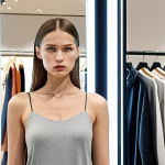 A customer in a modern clothing store, their facial expression subtly analyzed by an AI system embedded in a mirror. The store environment is bright and inviting, with clothing racks displaying the latest German fashion trends. The AI interface is discreet, overlaying information about customer preferences without being intrusive.