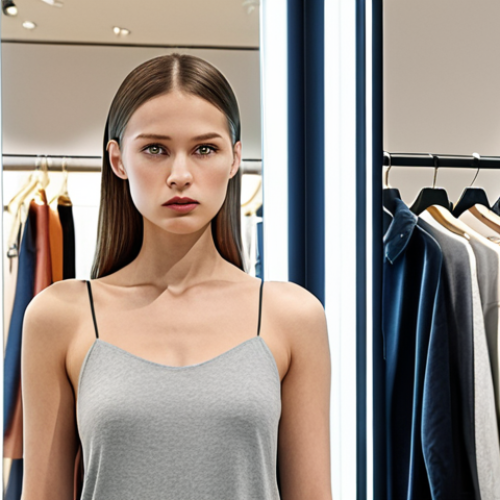 Home 11 A customer in a modern clothing store, their facial expression subtly analyzed by an AI system embedded in a mirror. The store environment is bright and inviting, with clothing racks displaying the latest German fashion trends. The AI interface is discreet, overlaying information about customer preferences without being intrusive.