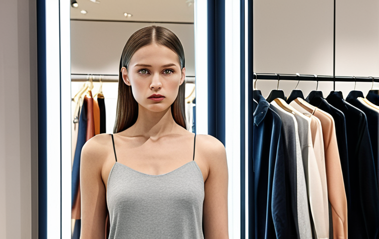 A customer in a modern clothing store, their facial expression subtly analyzed by an AI system embedded in a mirror. The store environment is bright and inviting, with clothing racks displaying the latest German fashion trends. The AI interface is discreet, overlaying information about customer preferences without being intrusive.