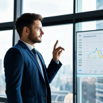 A confident professional in a modern, light-filled office, observing a large, transparent digital display that shows abstract data visualizations and emotional analysis graphs. The person is dressed in a modest, contemporary business suit. The background features a clean, minimalist office with soft ambient lighting and a blurred city skyline visible through a window. The focus is on the human-AI interaction. fully clothed, appropriate attire, safe for work, appropriate content, professional dress, perfect anatomy, correct proportions, natural pose, well-formed hands, proper finger count, natural body proportions, professional photography, high quality.