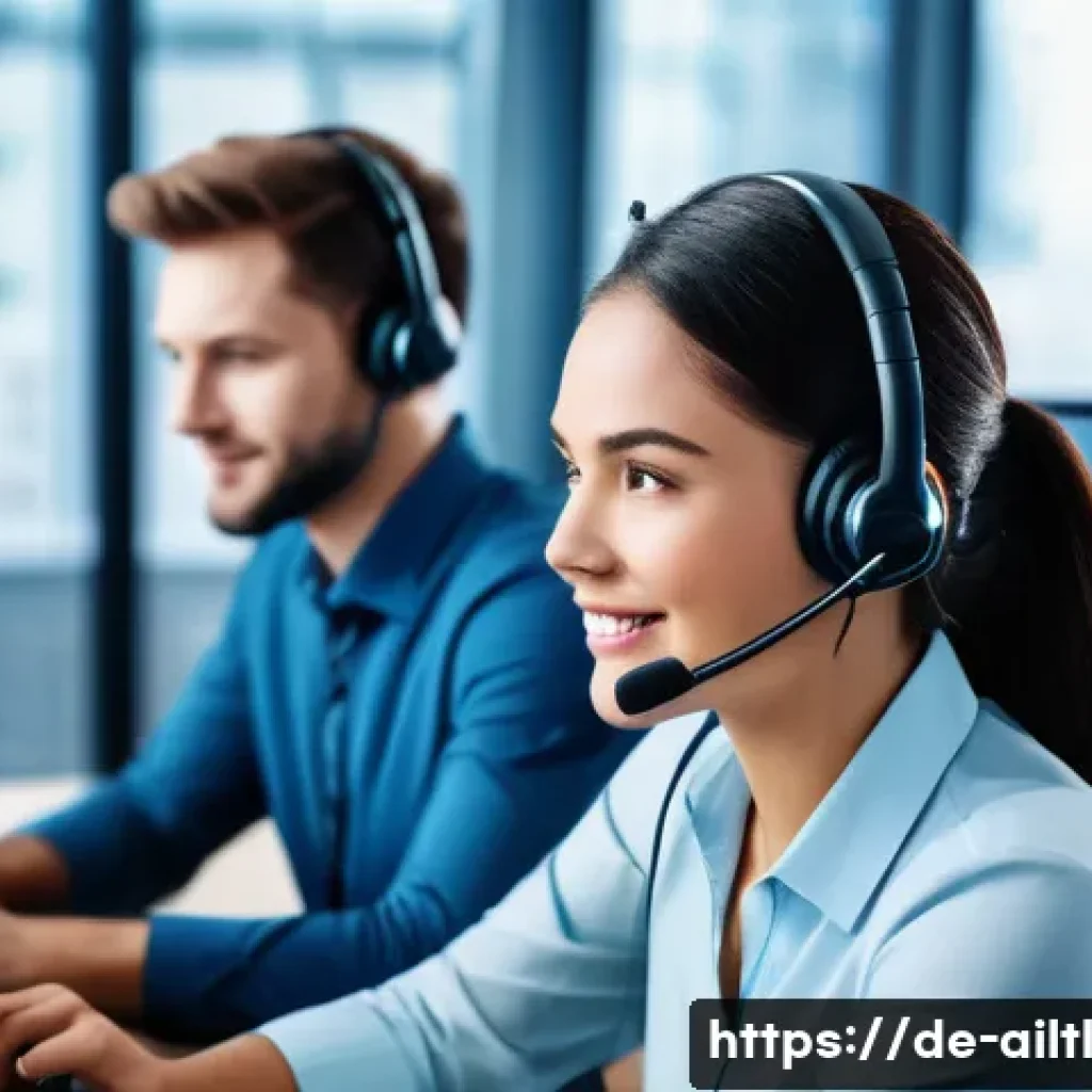 감정 인식 AI와 기업의 혁신 - A modern call center environment showing diverse customer service agents wearing professional attire...