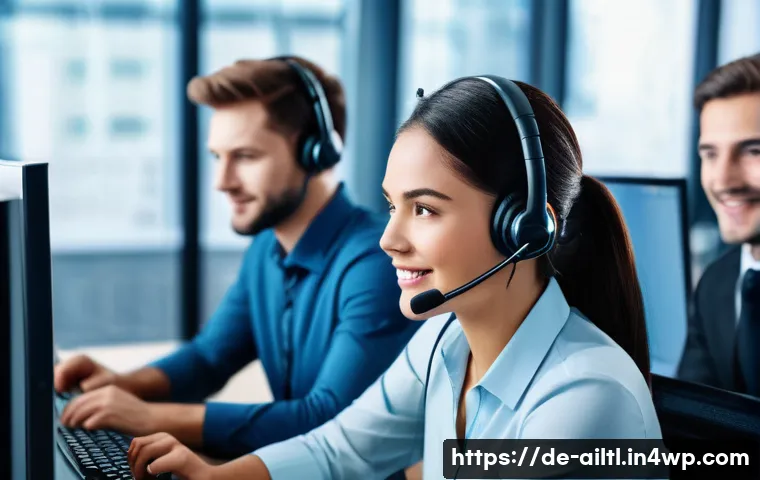 감정 인식 AI와 기업의 혁신 - A modern call center environment showing diverse customer service agents wearing professional attire...