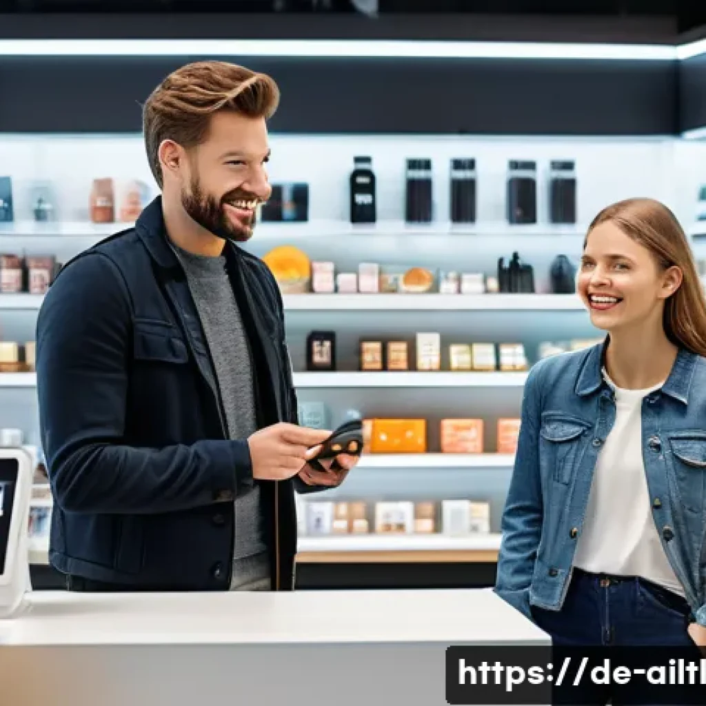 감정 인식 AI를 통한 개인화 마케팅 전략 - A modern German retail store interior showing a diverse group of customers interacting with digital ...
