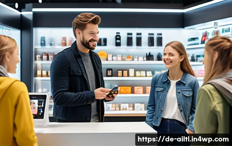 감정 인식 AI를 통한 개인화 마케팅 전략 - A modern German retail store interior showing a diverse group of customers interacting with digital ...