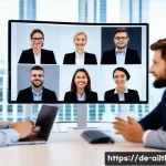 감정 인식 AI 기술의 미래 가능성 - A modern European office setting with diverse professionals engaged in a video conference, subtle fa...