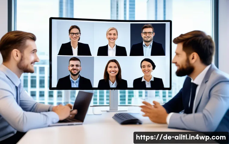 감정 인식 AI 기술의 미래 가능성 - A modern European office setting with diverse professionals engaged in a video conference, subtle fa...