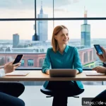 감정 인식 AI와 플랫폼 비즈니스 - A modern digital workspace scene showing a diverse group of professional users interacting with emot...