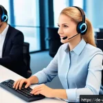 감정 인식 AI의 서비스 활용 사례 - A modern German customer service call center scene with diverse employees attentively interacting vi...