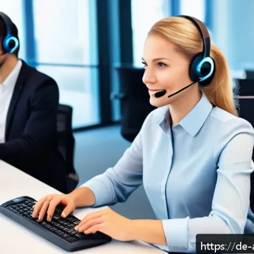 감정 인식 AI의 서비스 활용 사례 - A modern German customer service call center scene with diverse employees attentively interacting vi...