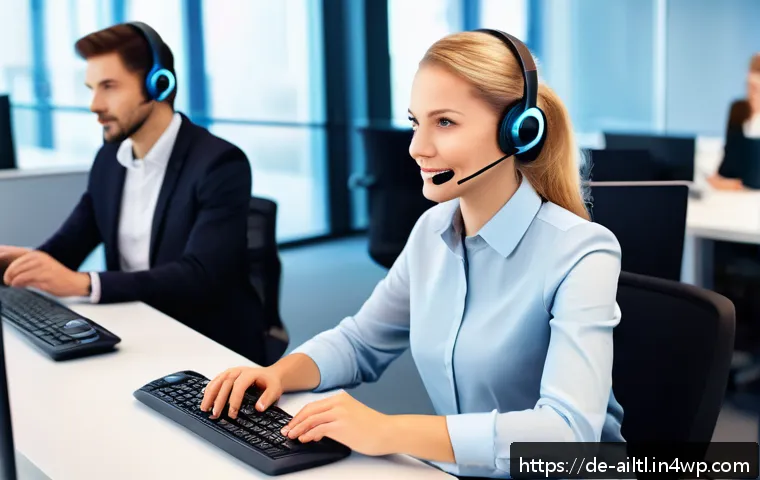 감정 인식 AI의 서비스 활용 사례 - A modern German customer service call center scene with diverse employees attentively interacting vi...