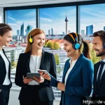 감정 인식 AI의 인사이트 활용 전략 - A modern customer service center scene in Germany, featuring a diverse group of professional agents ...