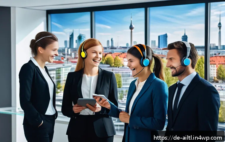 감정 인식 AI의 인사이트 활용 전략 - A modern customer service center scene in Germany, featuring a diverse group of professional agents ...