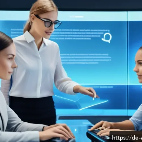 감정 인식 AI 기술의 혁신적 발전 - A futuristic customer service center scene featuring a diverse group of professional employees inter...