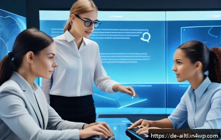 감정 인식 AI 기술의 혁신적 발전 - A futuristic customer service center scene featuring a diverse group of professional employees inter...