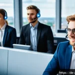 감정 인식 AI 시스템의 업계 표준 - A modern call center scene in Germany showing a diverse group of customer service agents wearing pro...