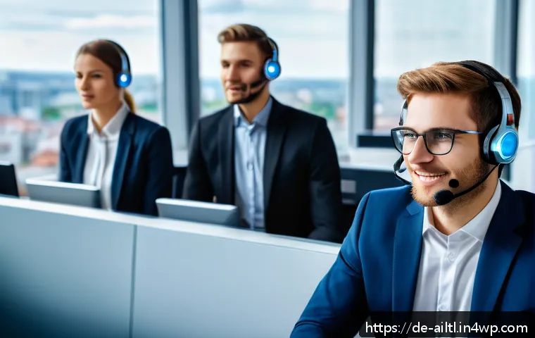감정 인식 AI 시스템의 업계 표준 - A modern call center scene in Germany showing a diverse group of customer service agents wearing pro...
